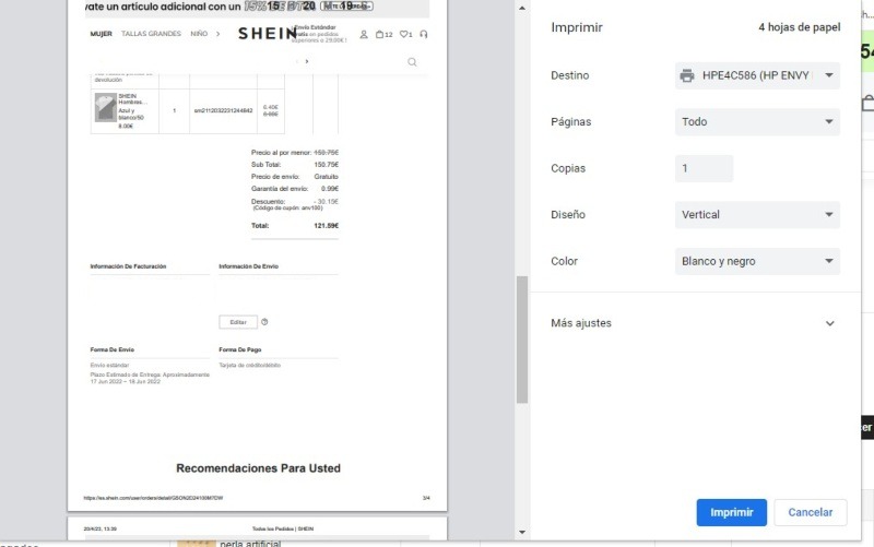 factura Shein imprimir en PDF