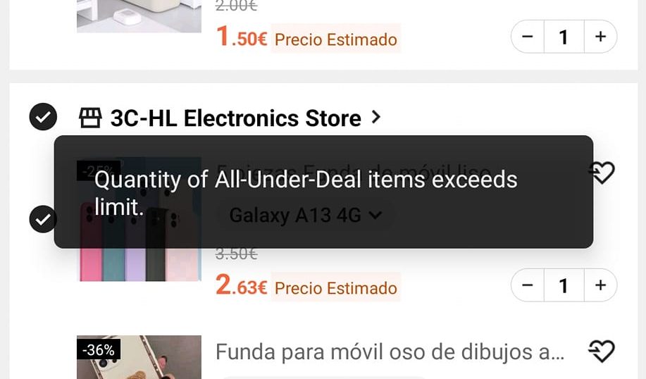 mensaje error Quantity of all under deal items exceeds limit shein